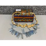 Wood trinket box Containing apatite fringe bead necklet & Jasper fringe necklace