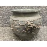 A 19th/20th century Japanese bronze jardiniere depicting dragons and birds 21.5cm high