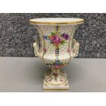 A 20th century Dresden porcelain campana shaped two handled urn 16cm high