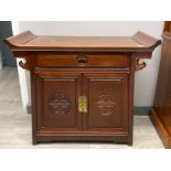 Vintage hardwood Asian alter cabinet/ end table, fitted with single drawer and below cupboards,