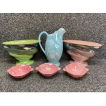 Pair of Maling lustre bowls (in green & pink) and a large water jug (in blue) also includes 3x