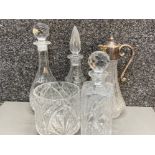 3 leaded crystal glass decanters with stoppers together with silver plated topped claret jug & bowl