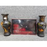 A vintage japanese laquered tray and two similar vases (SAS)