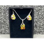 Silver faux amber necklace & matching earrings set - boxed