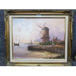 An oil painting of a Dutch scene with Windmill signed Baillie 39 x 49cm