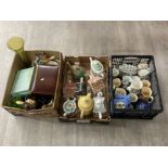 Three boxes of miscellaneous items to include Ringtons teapots, mugs, pewter tankards etc