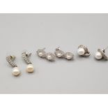 Three pairs of silver pearl and CZ earrings