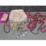 Box of miscellneous costume jewellery, also includes a vintage beaded purse etc