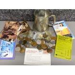 English pewter 21st birthday tankard containing a large quantity of miscellaneous British coinage (