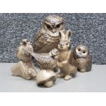 Total of 5 Poole pottery animal figures, includes 2x Owls, rabbit & 2x sparrows, signed or with