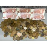 Total of six 10 shillings banknotes together with a large quantity of old one penny coins (dated