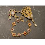 3 pieces of nicely decorated costume jewellery by V&A Museum, includes gilt & redstone bracelet, fly