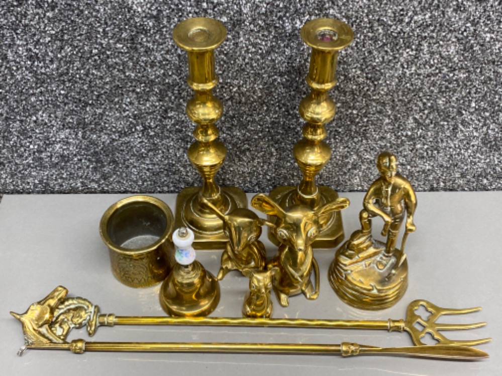 Tray of miscellaneous brass items includes pair of candlesticks, 3x mice, miner ornament etc