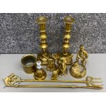 Tray of miscellaneous brass items includes pair of candlesticks, 3x mice, miner ornament etc