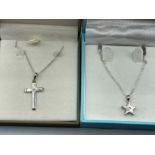 Two silver pendants on silver chains, one with diamond to centre of crucifix and one star shaped
