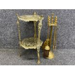 Vintage brass 2 tier trivet stand together with a brass fire companion
