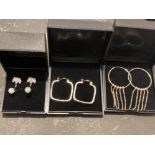 3 pairs of silver 925 earrings, including square, hooped with five drops & cz with pearls earrings