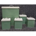 Vintage enamelled kitchen storage set, includes Bread, Biscuits, Sugar, Coffee & Tea containers