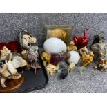 Box of elephant ornaments and tray containing owl figures etc