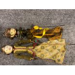 Two Indonesian wayang Golek Theme puppets in traditional Batik Attine, handmade and joined