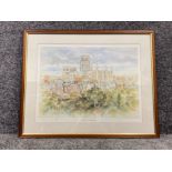 One framed painting of Durham Cathedral by Ivan Lindsay, one framed painting of Bamburgh castle by