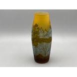 A glass vase after Emile Galle, with landscape, signed, 20cm high