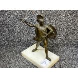 A 20th century bronze figure of a Grecian warrior on white marble base 20cm high