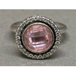 Silver 925 Pandora (ALE 50) ring with large pink centre stone surrounded by CZ stones