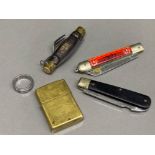 Zippo Marlboro lighter, pocket knives & Roman numeral novelty ring