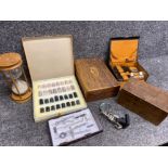 Mixed lot comprising of vintage brush set, carved wooden box, marble effect chess pieces, hour glass