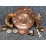 Copper charger and jelly moulds in the form of fish, picture frames etc