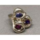 Silver amethyst, garnet, and iolite ring size Q 1/2 8.4g gross