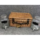 Pair of clear glass drink dispensers & wicker prestige hamper