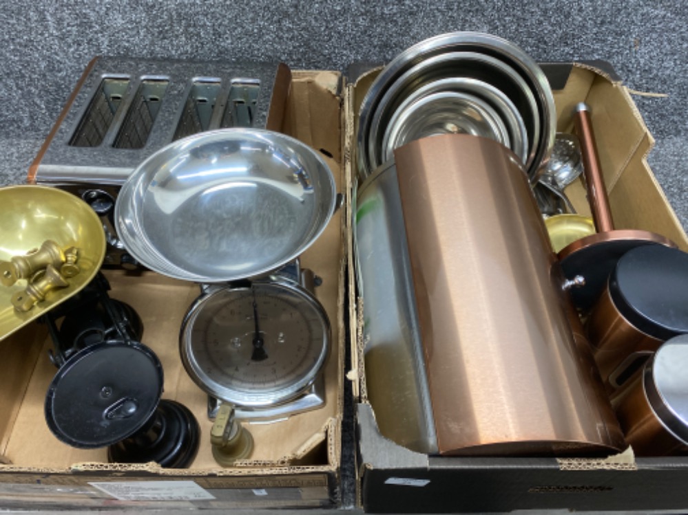 2 boxes of kitchenalia including brass scales, toaster, bread bin etc