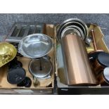 2 boxes of kitchenalia including brass scales, toaster, bread bin etc