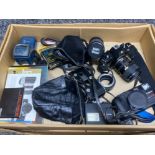 Box of cameras & equipment including Nikon EM M90 and Canon megazoom 105 camera’s, image vivitar