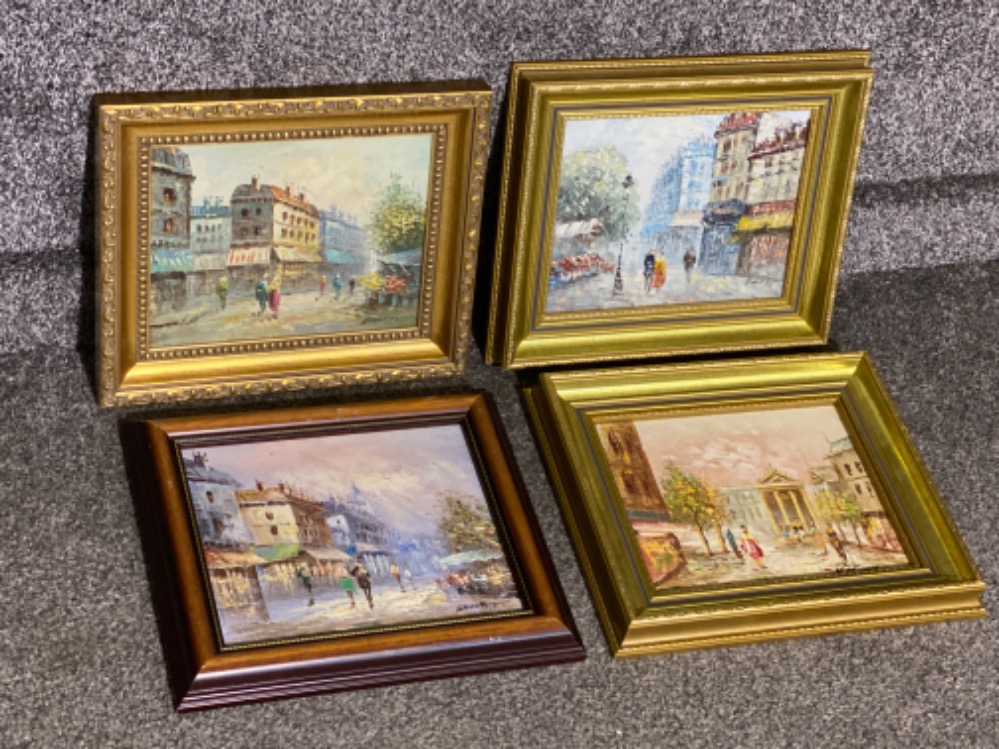 4 framed oil paintings of street scenes