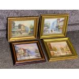 4 framed oil paintings of street scenes