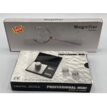 Professional digital mini jewellery scales together with a 70mm magnifier both with original boxes