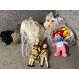A quantity of soft toys and dolls to include Baby Smuf etc