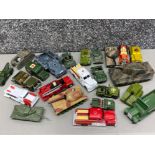 Crate of miscellaneous die cast cars mainly military, including Corgi, Dinky & matchbox etc