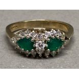 9ct yellow gold ring with 2x large green stones surrounded by CZs, size P1/2, 3.1g gross