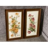 2x Antique framed hand painted porcelain plaques depicting flowers - 72x39cm