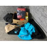 A collection of various work and sports clothing to include ski pants Coverall, hi viz etc