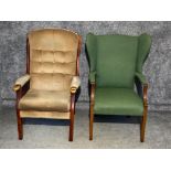 2x vintage mahogany framed fireside armchairs (1x wingback)