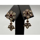 Antique ladies 9ct gold garnet and pearl flower drop earrings. 2.7g