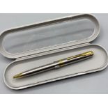 Parker Sonnet series ball point pen in brilliant stainless steel with fine nib & case