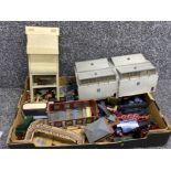 Box of mixed die cast vehicles & scenery buildings