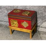 Hand painted wooden toy box on foot supports (spring top lid)