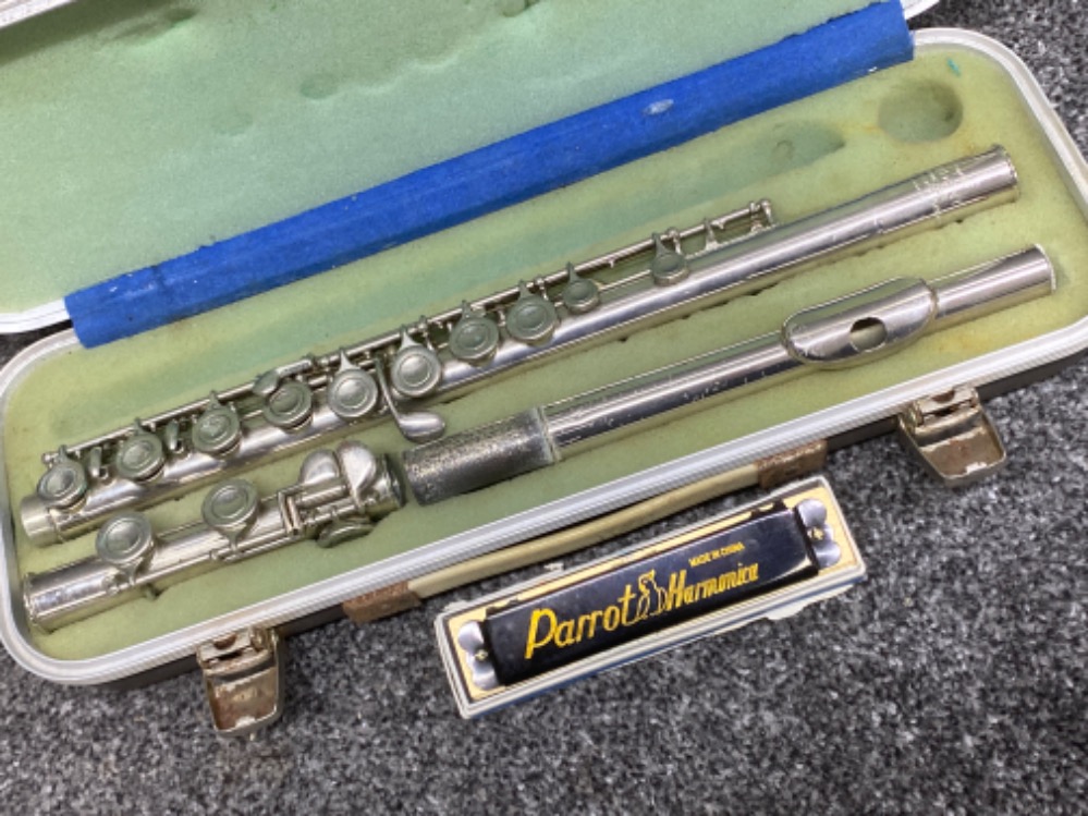 Cased Rudall-Carte flute & boxed Parrot Harmonica